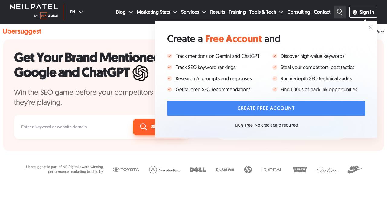 Ubersuggest homepage screenshot